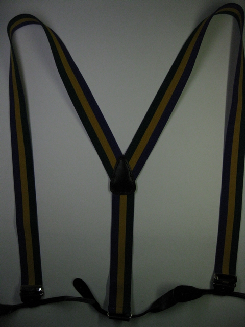 MULTI-COLOR GREEN,GOLD AND PURPLE Button-On 1 1/2"x 48" "Y" STYLE LEATHER ENDS SUSPENDERS. PB190N48MARD
